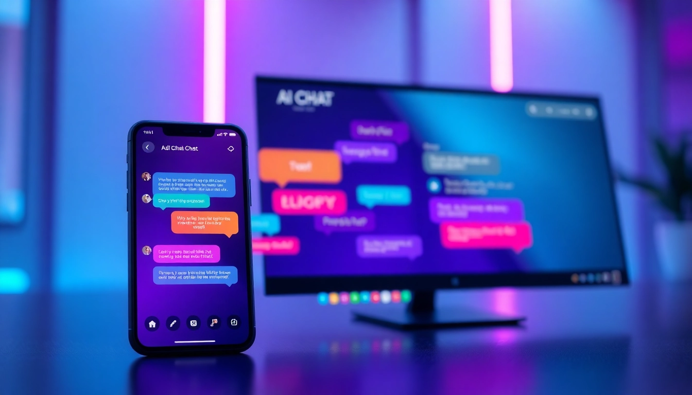Illustration of a futuristic chat interface on devices with colorful speech bubbles and neon accents.