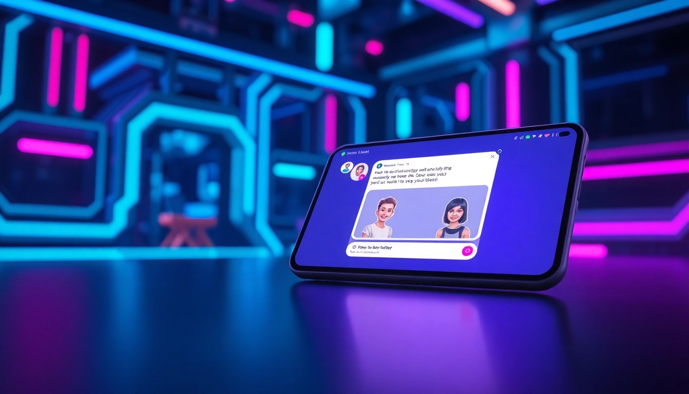 Futuristic AI chat interface on a modern device with neon accents and expressive digital avatars.