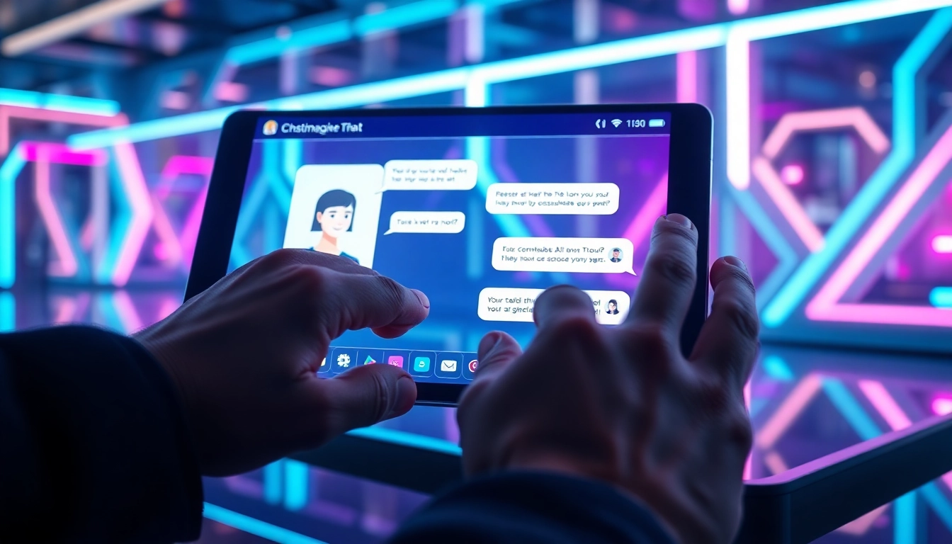 Close-up of a user chatting with a customizable AI character on a modern screen with neon accents.