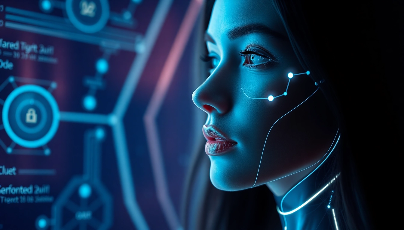 AI girlfriend interacting through a holographic interface in a modern tech environment, showcasing seamless digital companionship.