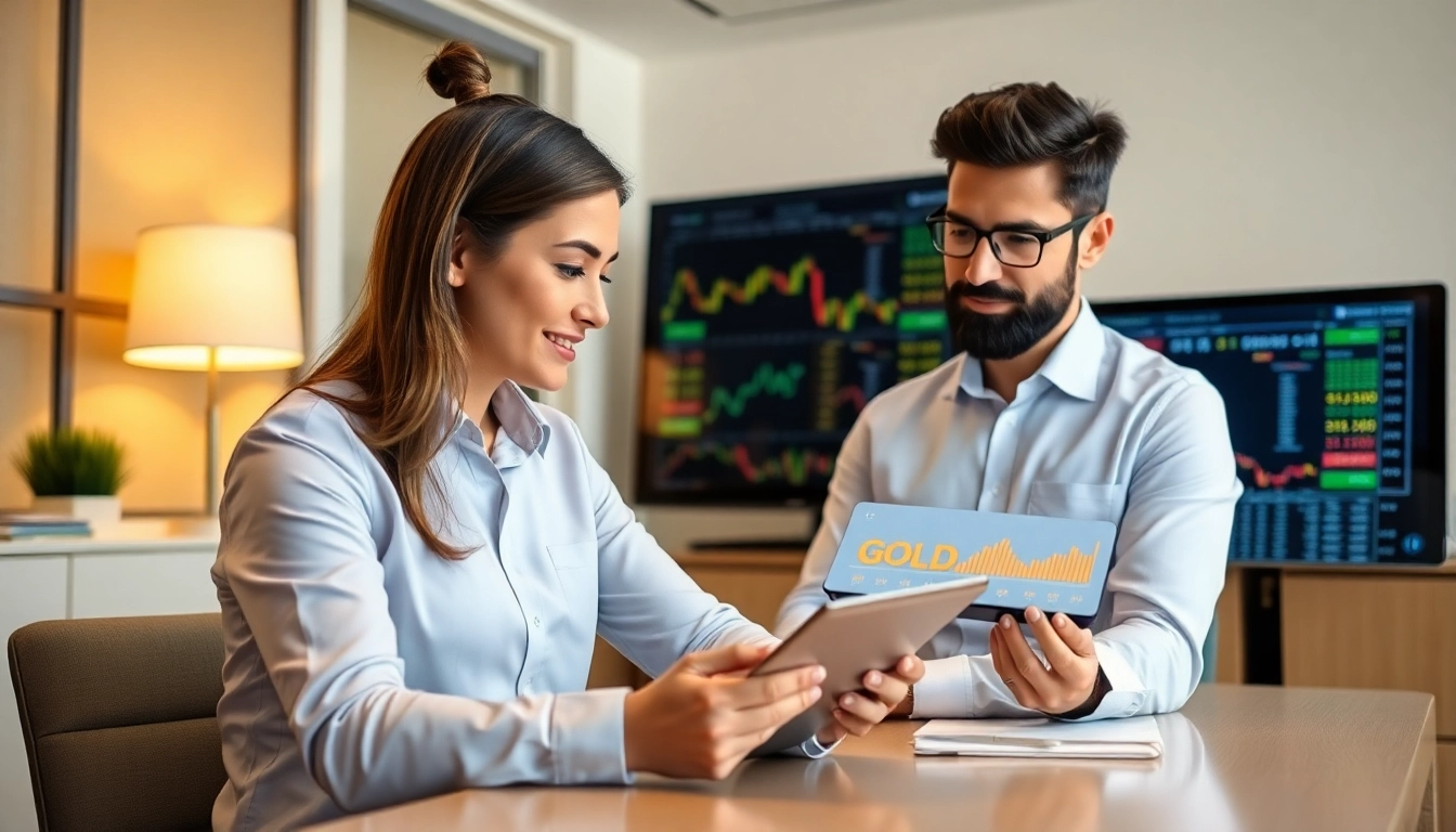 Investment Guides UK Professional analyzing stock and gold market trends for informed investing
