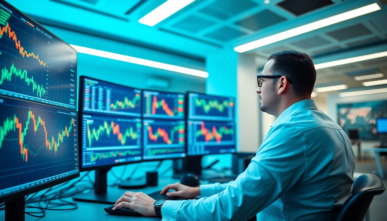 Comprehensive Online Trading Guide featuring a trader reviewing digital stock charts for